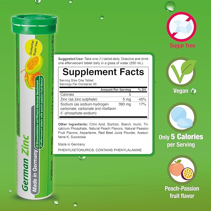 T&D German Zinc 5 mg - 240 Vegan Drink Effervescent Tablets - Peach-Passionfruit Flavor - Made in Germany