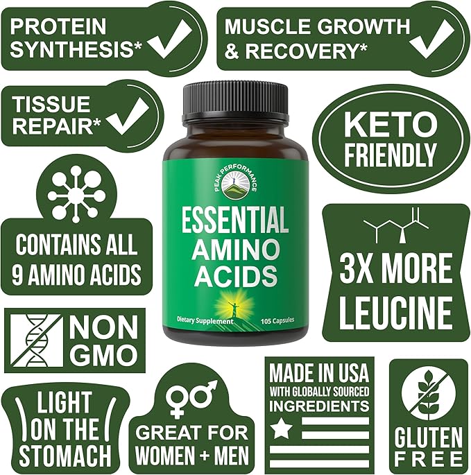 All 9 Essential Amino Acids Supplement. Capsules With 3x More Leucine For Muscle Recovery, Growth. EAA Supplement Better Than BCAA / BCAAS Branched Chain Aminos Acid. USA Tested EAAs Men + Women