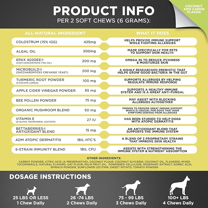 Googipet Dog Allergy Chews, Dog Allergy Relief & Itchy Skin Relief, Dog Skin & Coat Supplement +Bee Pollen, Colostrum for Dogs, Coconut Oil, Probiotics, & Omega 3 Fish Oil for Dogs Itching Skin Relief