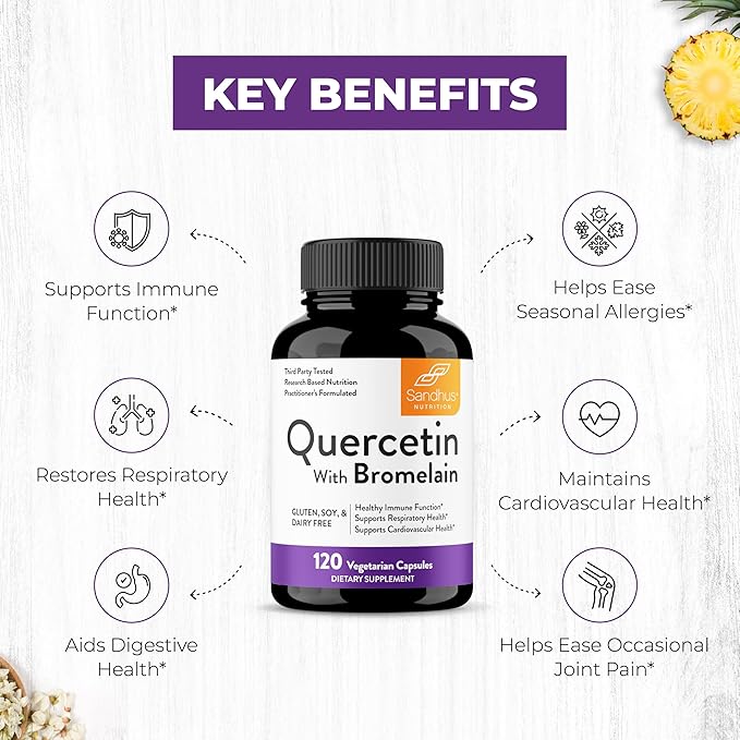 Sandhu's Quercetin with Bromelain 1000mg Per Serving 120 Count (Pack of 2) Vegetarian Capsules Bioflavonoids Supplement Complex Supports Immune, Cardiovascular & Respiratory Health