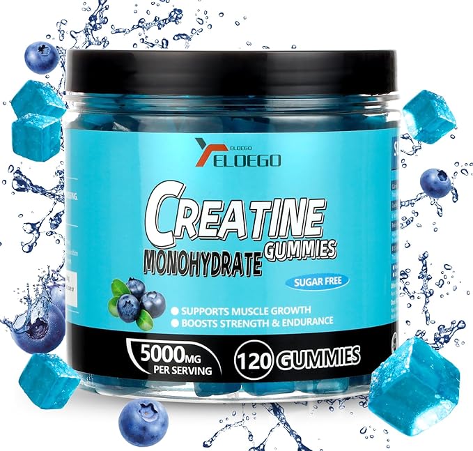 Creatine Monohydrate Gummies 5000mg Sugar Free for Men & Women, with L-Taurine + Vitamin B12 for Muscle Strength, Muscle Builder, Energy Boost, Pre-Workout Supplement Gummy, Blueberry-120 Count