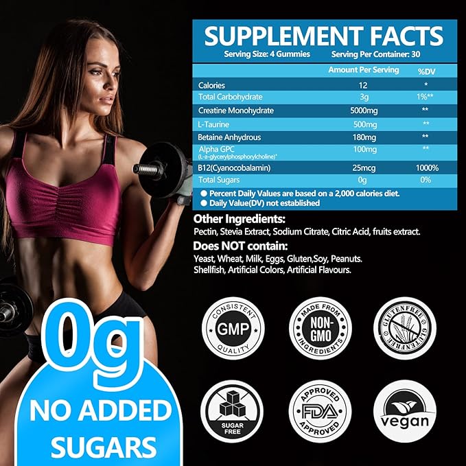 Creatine Monohydrate Gummies 5000mg Sugar Free for Men & Women, with L-Taurine + Vitamin B12 for Muscle Strength, Muscle Builder, Energy Boost, Pre-Workout Supplement Gummy, Blueberry-120 Count