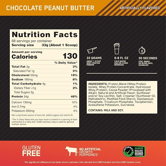 Optimum Nutrition Gold Standard 100% Whey Protein Powder, Chocolate Peanut Butter, 5 Pound (Packaging May Vary)