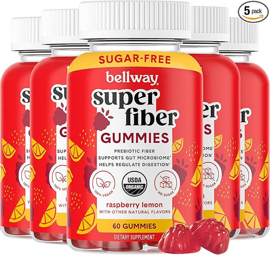 Bellway Super Fiber Gummies for Adults (5 Pack) - Sugar Free Organic Fiber Supplement Gummies with 4g of Fiber per Serving - Prebiotic Chicory Root Fiber for Gut Health, Raspberry Lemon, 300 Count