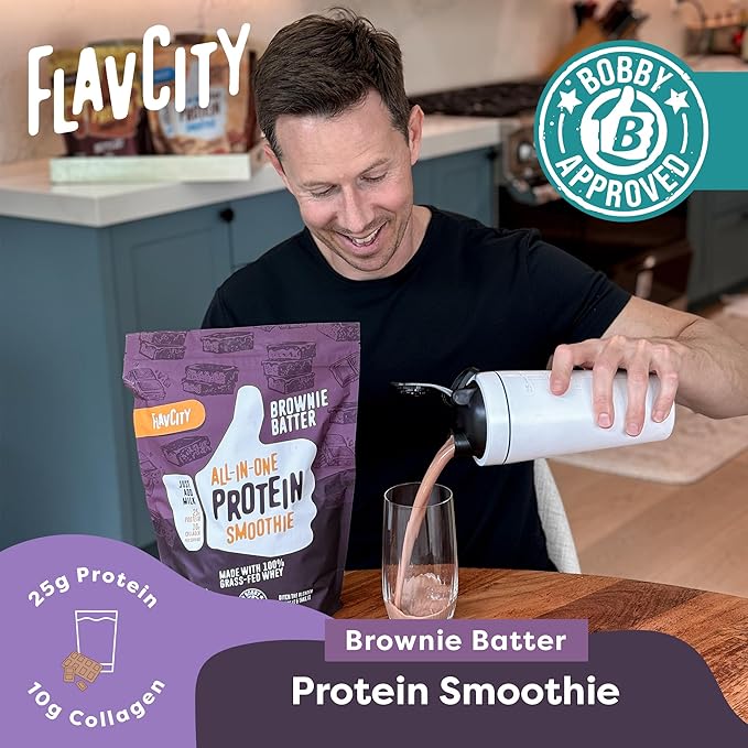 FlavCity All-in-One Protein Powder Smoothie, Brownie Batter - 100% Grass-Fed Whey Protein Powder with 25g Protein & 10g Collagen - Gluten-Free Pre Workout & Post Workout Drink - 20 Servings