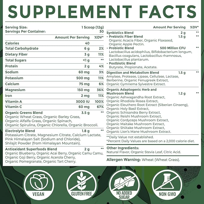 Super Greens Powder Superfood Supplement + Electrolytes & Tonic Herbs | Organic Greens, Adaptogens, Shilajit, Antioxidants, Preobiotic & Probiotic & Postbiotic | for Gut, Energy & Immune | 30 Servings