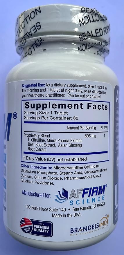 Affirm ffirm Science L-Citrulline Dietary Supplement 750mg 60 Tablets | Circulation and Male Performance | Created by Dr. Judson Brandeis