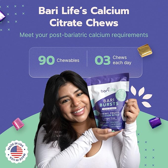 Calcium Citrate Bariatric Calcium Chews with 1000 IU Vitamin D3 - Ideal for Bariatric Patients - BariBurst by Bari Life (Sour Grape)