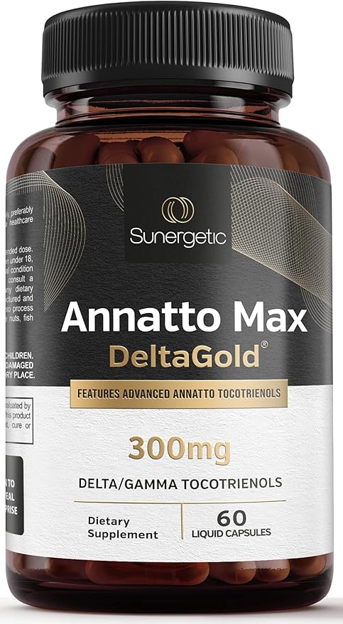 Sunergetic Premium Annatto Tocotrienol Supplement – with DeltaGold – Tocotrienols Vitamin E 300 mg – Supports Liver, Immune & Heart Health - Delta + Gamma Tocotrienols (60 Liquid Capsules)