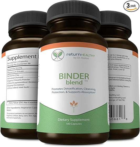Binder Blend - Toxin Binder Supplement, Detox Capsules for a Healthy Gut - 180 Capsules - 90 Servings - 960mg Activated Charcoal & 480mg Organic Chlorella - Bloating Relief - Bentonite Clay, 3 Pack