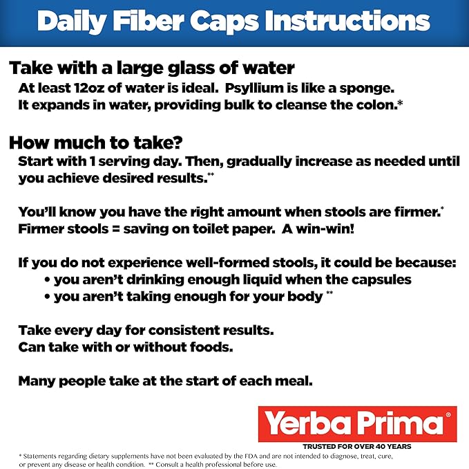 Yerba Prima Daily Fiber Caps - 180 Capsules, (Pack of 4) - Soluble & Insoluble Dietary Fiber Supplement - Colon Cleanse - Gut Health - Vegan, Non-GMO, Gluten-Free