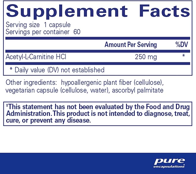 Pure Encapsulations Acetyl-L-Carnitine 250 mg - Memory & Brain Supplement - Brain Support & Focus* - Gluten Free & Non-GMO - 60 Capsules