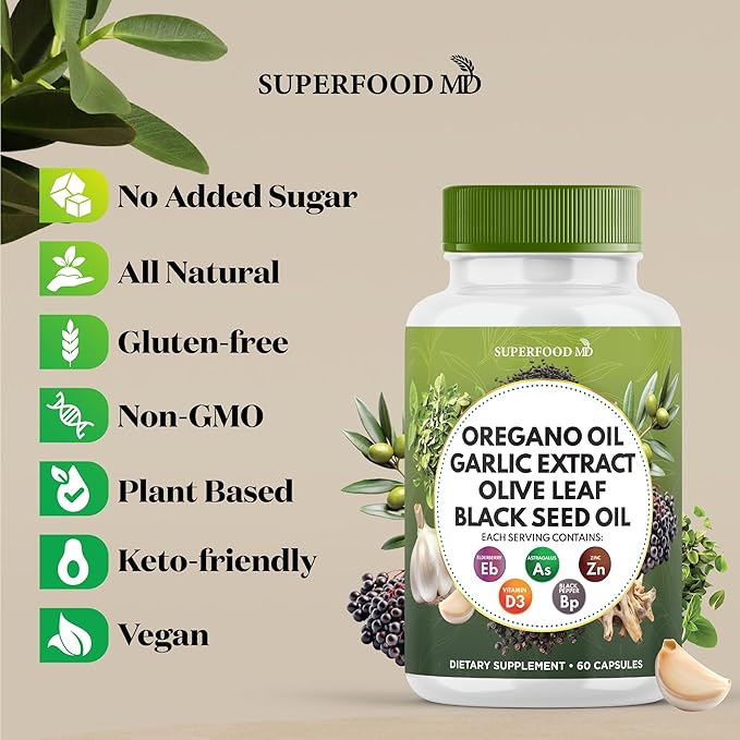 Oregano Oil 6000mg Garlic Extract 4000mg Olive Leaf 3000mg Black Seed Oil 3000mg Astragalus-Immune Support & Digestive Health Supplement for Women and Men- 60 Count