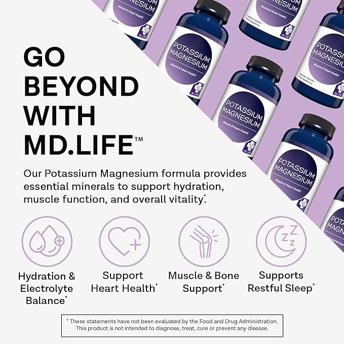 MD. Life Magnesium Potassium Supplement - 120 Capsules - High Absorption Magnesium Complex - Magnesium Supplement to Support Vascular Health & Leg Cramp 120cts
