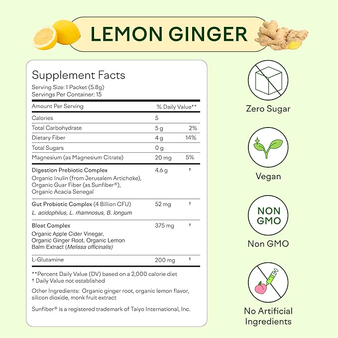 Feel Goods Gut Guardian, Prebiotic & Probiotic Powder, Sugar Free, Organic Fiber, Organic Herbs for Bloat, Gut Health Support, Digestive Health for Men & Women, Non GMO, Vegan | Lemon Ginger, 15 Count