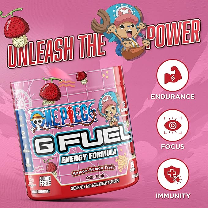 G Fuel ONE Piece Human-Human Energy Drink Powder, Pre Workout Caffeine Powder, Energy Powder Drink Mix for Gaming, Sugar Free Focus Amino, Vitamin + Antioxidants, 3.7oz (Cotton Candy, 15 Servings)