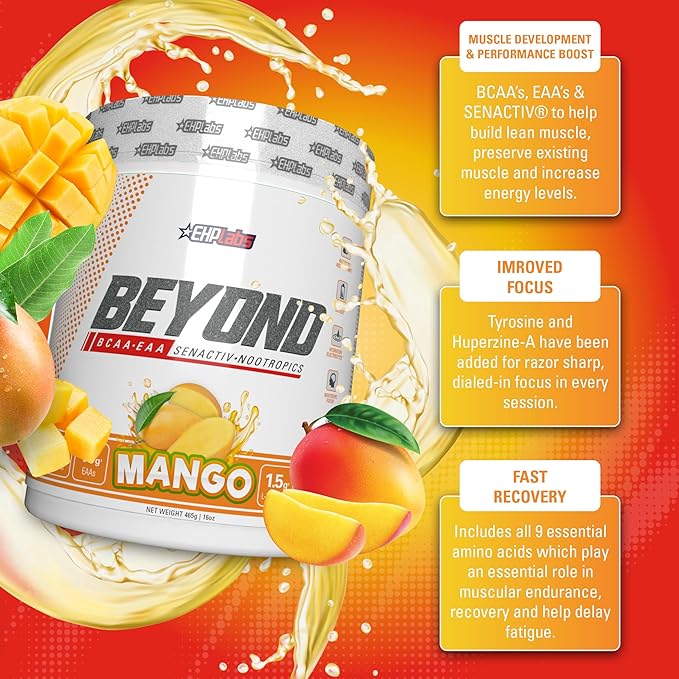 EHP Labs Beyond BCAA Powder Amino Acids Supplement for Muscle Recovery - 8g of Sugar Free BCAAs Amino Acids Post Workout Recovery Powder & 10g of EAA Amino Acids Powder - 60 Servings (Mango)