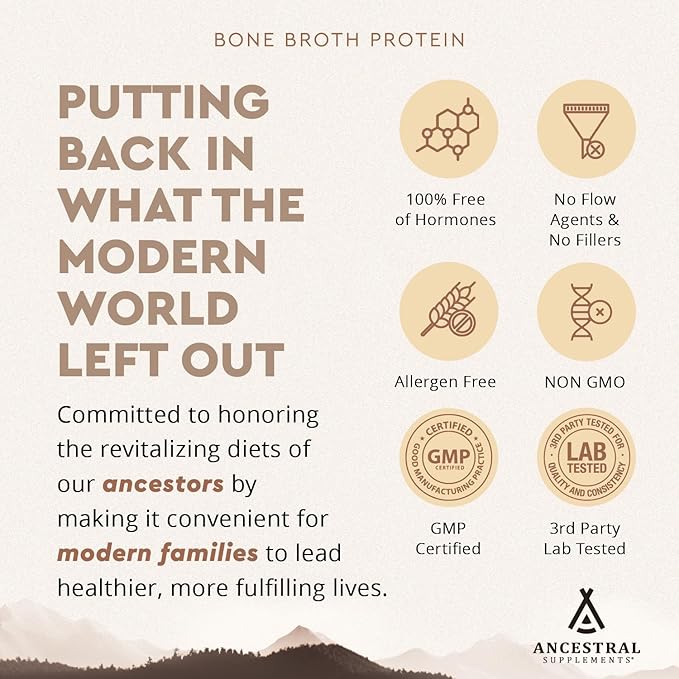 Ancestral Supplements Grass Fed Protein Powder, Chocolate, Beef Bone Broth Based w/Beef Organs & Organic Mushrooms, Gut Health Support, High Protein Supplement, 20g Protein Per Serving, 30 Day Supply