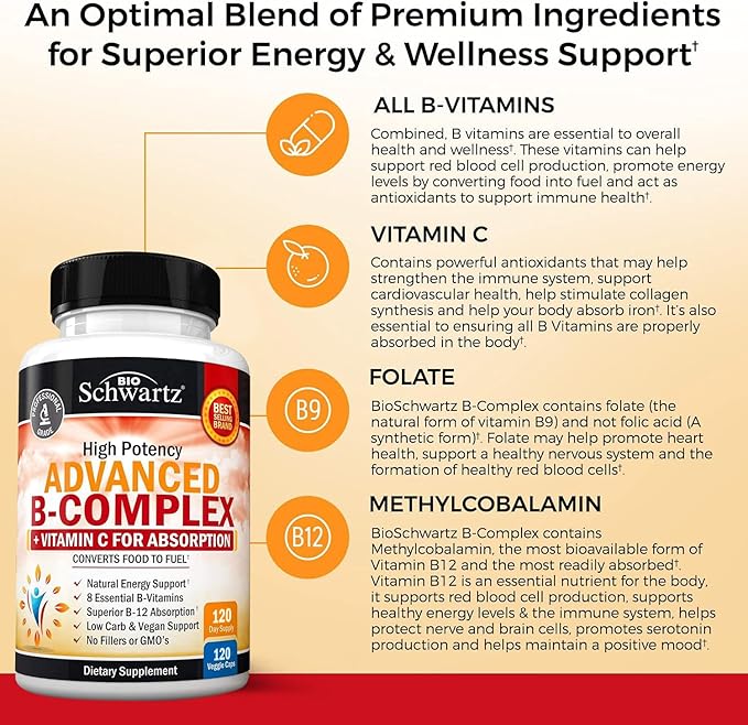 Vitamin B Complex with Vitamin C for Maximum Absorption - Methylcobalamin b12 & Folate Folic Acid Supplement - Vitamins B1 B2 B3 B5 B6 B7 B9 for Immune Energy & Nervous System Support - Non-GMO 120ct