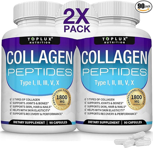 Toplux Multi Collagen Peptides Pills 1800 Mg Complex - Type I, II, III, V, X Premium Collagen Complex for Better Skin & Hair, Strong Joint, Hydrolyzed Protein, for Men Women, 90 Capsules, Supplement