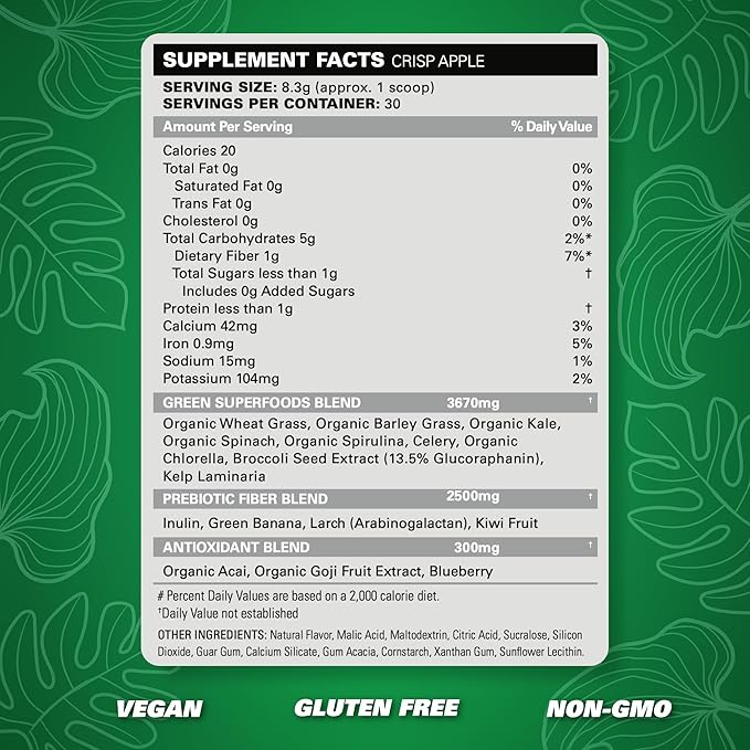 EHP Labs OxyGreens Super Greens Powder - Spirulina & Chlorella Superfood, Green Juice Powder & Greens Supplements with Prebiotic Fibre, Antioxidants & Immunity Support, 30 Serves (Crisp Apple)