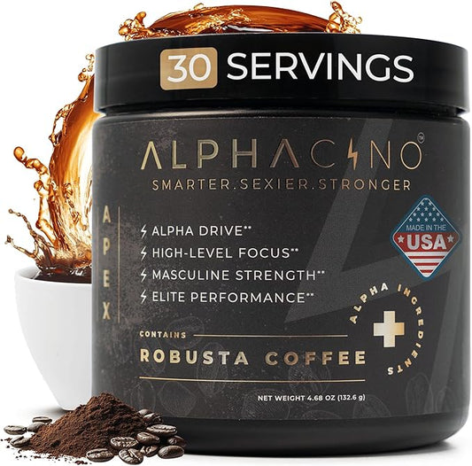 Alphacino Apex - Instant Coffee Powder for the Robust Vigorous Men - Muscle Growth, Sharp Focus, Enhanced Stamina - Ashwagandha KSM-66, Lion’s Mane Mushroom, Black Maca Extract, S7-30SV (4.68 oz)