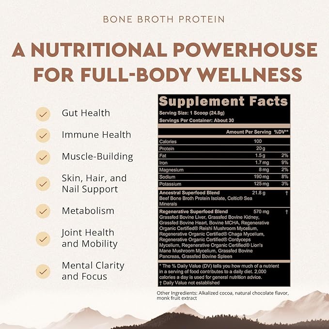 Ancestral Supplements Grass Fed Protein Powder, Chocolate, Beef Bone Broth Based w/Beef Organs & Organic Mushrooms, Gut Health Support, High Protein Supplement, 20g Protein Per Serving, 30 Day Supply