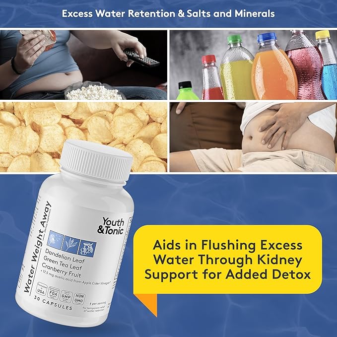 Youth & Tonic Diuretic Full Body Cleanse Detox Pills for Bloating, Puffiness and Swelling, System Flush for Colon, Kidney and Liver Detoxing, 30 Day Supply with Green Tea, Senna, Dandelion, Cranberry