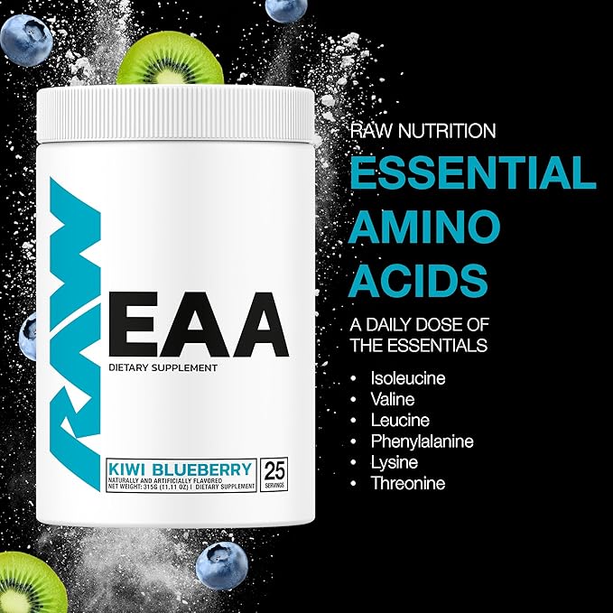 RAW EAA Amino Acids Powder, Kiwi Blueberry (25 Servings) - Pre Workout Amino Energy Powder for Strength, Endurance, Recovery & Lean Muscle Growth - BCAA Amino Acids Supplement for Men & Women