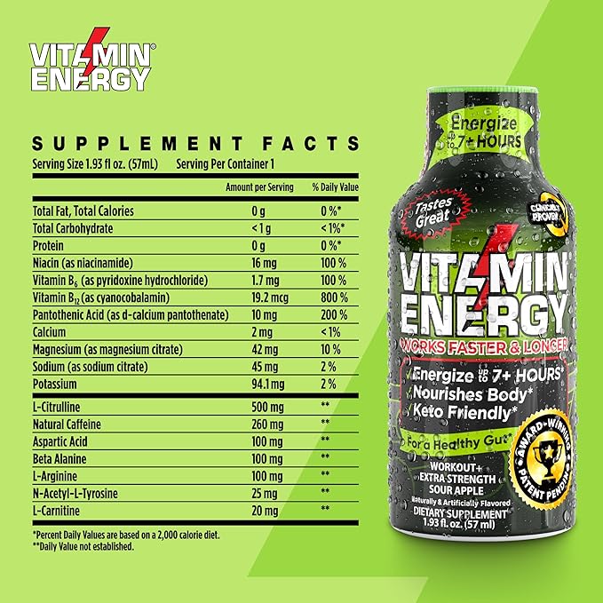 Vitamin Energy Pre Workout Drink - Keto Friendly Sugar Free Shots | Natural Clean Green Tea Caffeine with Proprietary Endurance Blend | Energize up to 7+ Hours - Sour Apple - 1.93 Fl Oz (Pack of 12)