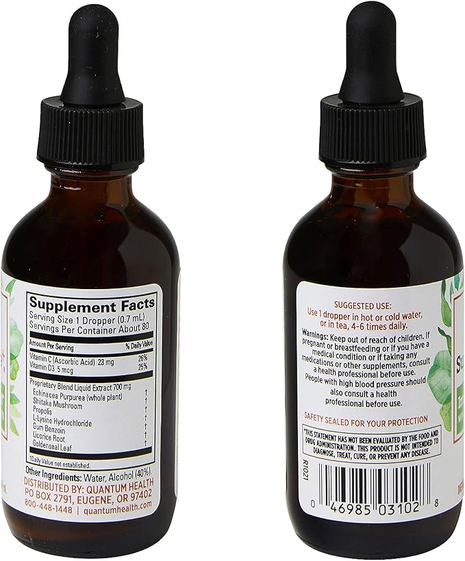 Quantum Health SuperLysine+ Liquid Immune Support Supplement - Powerful Lysine Echinacea Vitamin D3 Bee Propolis & Shitake Daily Wellness Blend for Women & Men, Fast Absorption - 2 Ounce