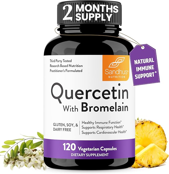 Sandhu's Quercetin with Bromelain 1000mg Per Serving 120 Count Vegetarian Capsules Bioflavonoids Supplement Complex Supports Immune, Cardiovascular & Respiratory Health