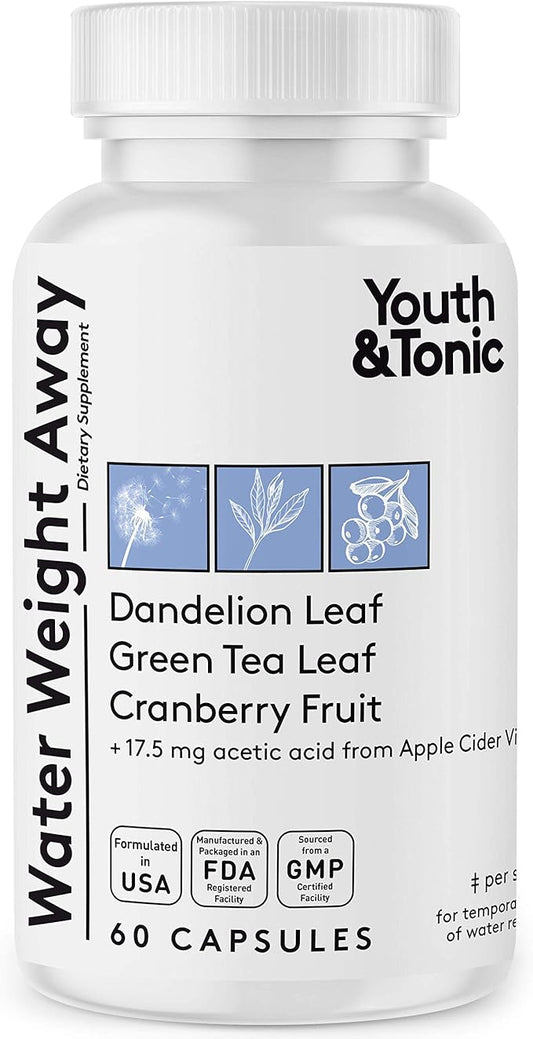 Youth & Tonic Natural Water Weight Away Pills for Belly Bloating, Water Retention & Fluid Loss – Herbal Diuretics for Swollen Legs, Feet, and Swelling – Dandelion Diuretic for Women & Men – 60 Caps
