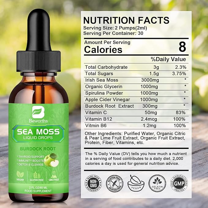 Sea Moss Liquid Drops - Organic Irish Sea Moss Gel with Burdock Root, Vitamin C, B12, 3000mg Seamoss Gel Supplement for Immune, Joint, Detox Cleanse & Digestive Support - 2 Fl Oz
