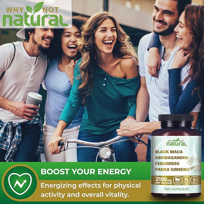 Why Not Natural 4-in-1 Organic Black Maca Root, Ashwagandha, Fenugreek, Panax Ginseng Capsules, Supplement for Men and Women (120 Count (Pack of 1)