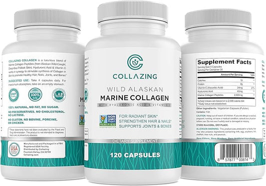Alaskan Wild-Caught Marine Collagen Peptides with Hyaluronic Acid & Vitamin C - Supports Skin, Hair, Nails, Joints & Bones - Type 1 & 3 Collagen for Women & Men - 120 Powder Capsules