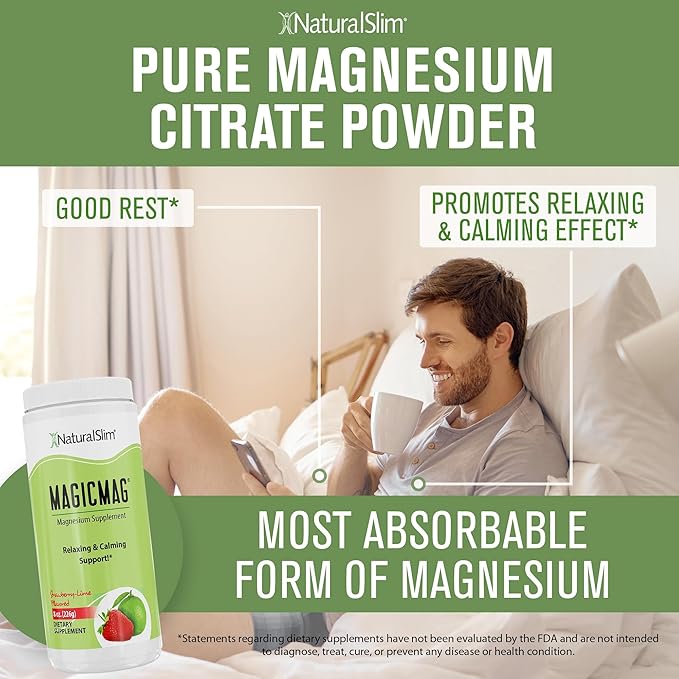 NaturalSlim Magicmag Pure Magnesium Citrate Powder – Stress, Constipation, Muscle, and Heart Support | Natural Strawberry & Lime Flavored Magnesium Supplement - 8oz Drink Mix (2 Pack)