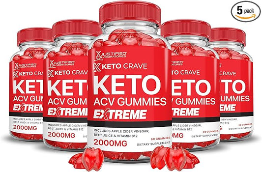 (5 Pack) Keto Crave Keto ACV Gummies Extreme 2000MG Keto Crave Keto Gummies Advanced Formula Apple Cider Vinegar with Pomegranate Beet Juice Powder B12 Vegan Non GMO 300 Gummys