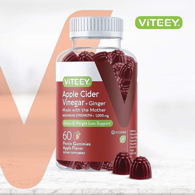 Apple Cider Vinegar Gummies 1,000mg Plus Ginger, ACV with The Mother, Detox Cleanse for Weight Loss and Immune Support, Vegan, Gluten Free, Gelatin Free, GMO Free - Chewable Apple Flavored Gummy