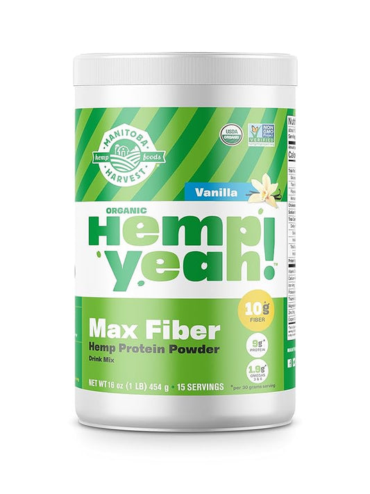 Manitoba Harvest Hemp Yeah! Organic Max Fiber Protein Powder, Vanilla, 16oz; with 10g of Fiber, 9g Protein and 1.9g Omegas 3&6 per Serving, Preservative Free, Non-GMO, Packaging May Vary