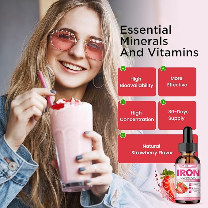 Liquid Iron Supplement for Women Men & Kids Multivitamin Iron Drops with Folate, Vitamin C, B6, B12, Zinc for Anemia, Iron Deficiency, Blood Builder, Energy - Natural Strawberry Flavor, Vegan 2 Fl Oz