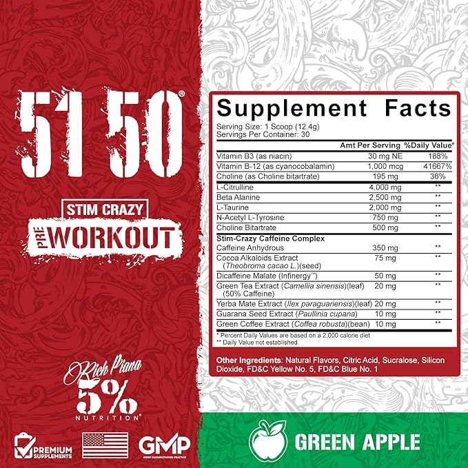 5% Nutrition Rich Piana 5150 High Stim Pre-Workout Powder | Extreme Energy, Focus, Pumps & Endurance | 400 mg Caffeine, Citrulline, Beta Alanine, N-Acetyl L-Tyrosine | 30 Srvgs (Green Apple)