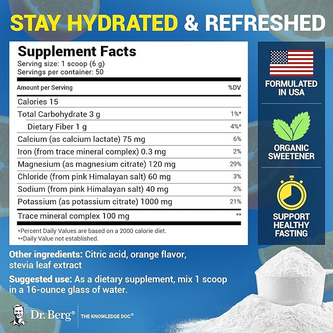 Dr. Berg Zero Sugar Hydration Keto Electrolyte Powder - Enhanced w/ 1000 mg of Potassium & Real Pink Himalayan Salt (NOT Table Salt) - Orange Flavor Hydration Drink Mix Supplement - 50 Servings