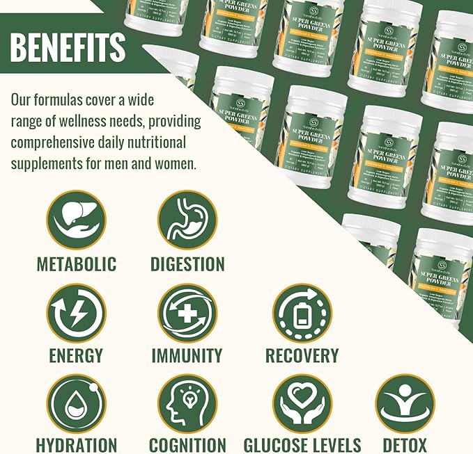 Super Greens Powder Superfood Supplement + Electrolytes & Tonic Herbs | Organic Greens, Adaptogens, Shilajit, Antioxidants, Preobiotic & Probiotic & Postbiotic | for Gut, Energy & Immune | 30 Servings