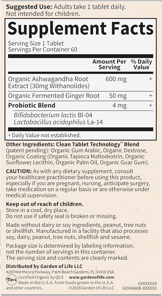Garden of Life Organics Ashwagandha Stress, Mood & Energy Support Supplement with Probiotics & Ginger Root for Digestion - Vegan, Gluten Free, Non GMO – 2 Month Supply, 60 Tablets