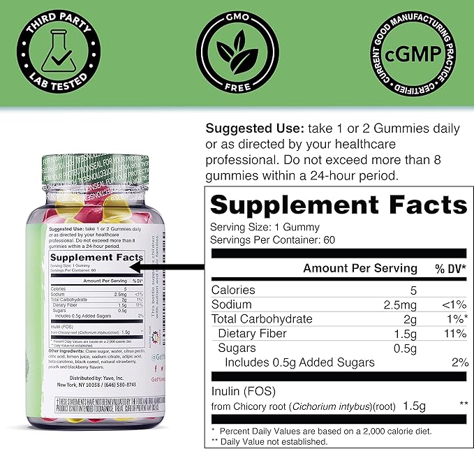 Yuve Fiber Gummies - Delicious - 3g Soluble Fiber Gummy Supplement - Supports Digestive Health & Regularity - Vegan & Gluten-Free Fiber Gummies for Adults & Women - Non-GMO & Low Sugar - 60Ct (2 Pack)