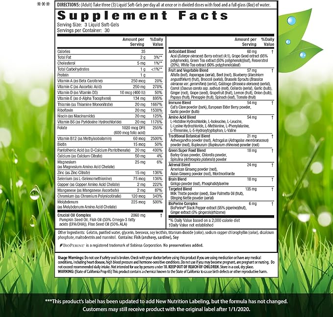 Irwin Naturals Men's Living Green Liquid-Gel Multi - 70 Essential Nutrients, Full-Spectrum Vitamins, Wholefood Blend - Targeted Adrenal & Brain Support - 90 Liquid Softgels