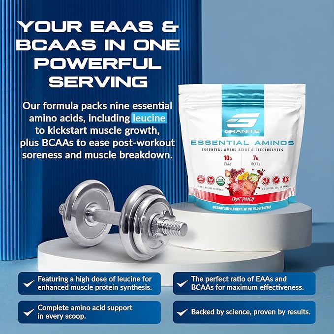 Granite 10g Essential Amino Acids Powder | Muscle Recovery Supplement for Muscle Growth | 7g BCAA Powder with Electrolytes | 30 Servings | Fruit Punch Flavor | Soy & Gluten Free | Made in USA