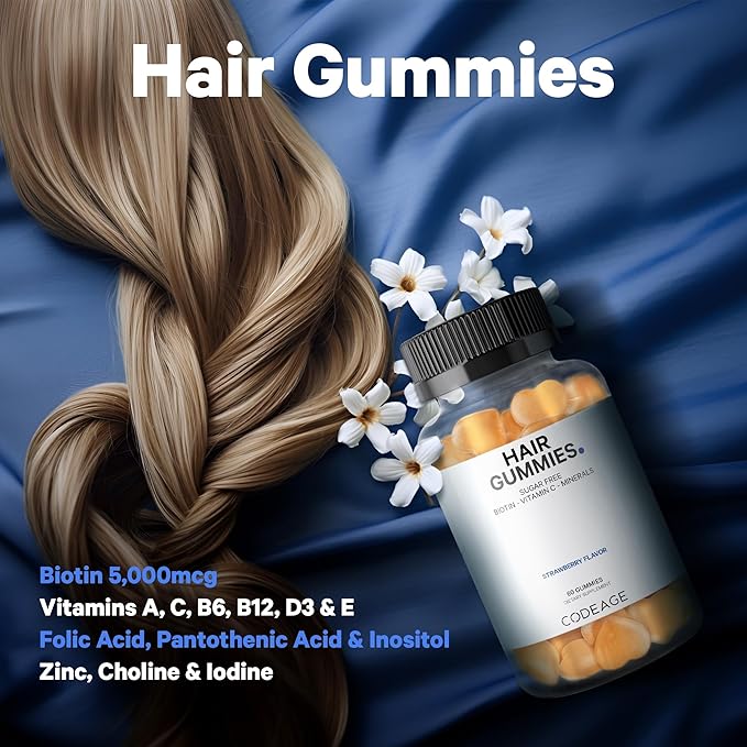 Codeage Hair Gummies, Biotin 5000 mcg, Sugar Free Growth Gummy Vitamins A, C, B6, B12, D3, Zinc, Inositol Supplement, Women & Men, Pantothenic Folic Acid, Nails, Skin, Strawberry Coconut Flavor, 60 ct