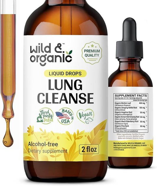 Wild & Organic Lung Cleanse Tincture - Mullein Leaf Extract for Lungs - Herbal Lung Detox Drops - Lung Health Supplements - Vegan, Alcohol Free Drops - 2 fl oz